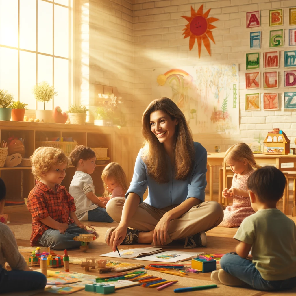DALL·E-2024-11-30-08.53.13-A-warm-and-colorful-scene-of-a-teacher-interacting-with-a-group-of-young-children-in-a-kindergarten-classroom.-The-teacher-smiling-is-sitting-on-the Ambiente Educacional