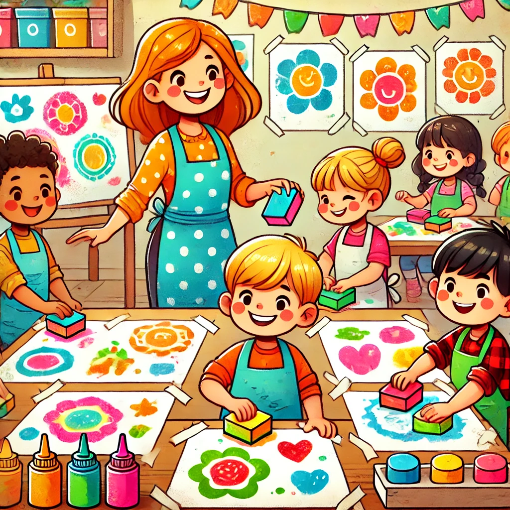 DALL·E-2024-12-02-10.06.22-A-colorful-and-engaging-cartoon-style-illustration-depicting-young-children-painting-with-sponges-in-an-educational-setting.-The-scene-shows-a-teacher Artes e Atividades Manuais