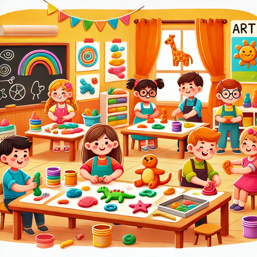 DALL·E-2024-12-02-10.08.36-A-playful-and-vibrant-cartoon-style-illustration-of-young-children-engaging-in-sculpture-activities-with-colorful-clay-or-playdough-in-an-educational- Artes e Atividades Manuais