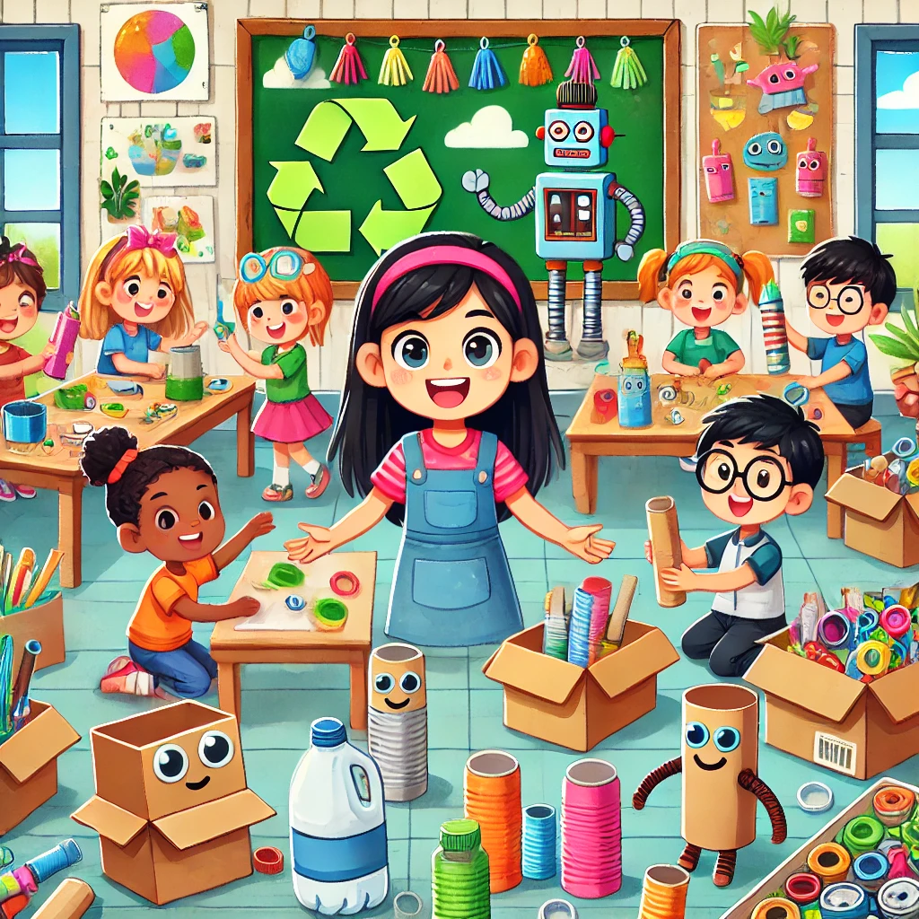 DALL·E-2024-12-02-10.16.11-A-lively-and-colorful-cartoon-style-illustration-showing-young-children-engaging-in-arts-and-crafts-using-recycled-materials-in-an-educational-setting Artes e Atividades Manuais