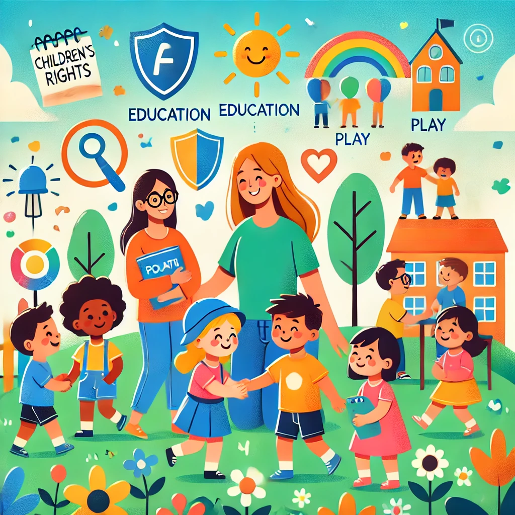 DALL·E-2024-12-05-08.15.33-A-bright-and-engaging-cartoon-style-illustration-representing-the-theme-of-Childrens-Rights-in-early-childhood-education.-The-image-features-a-dive Direitos da Criança
