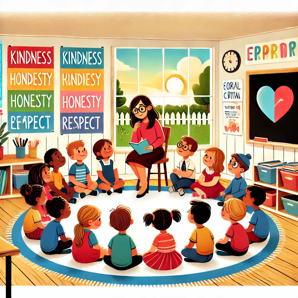DALL·E-2024-12-06-08.10.01-A-colorful-and-engaging-cartoon-style-illustration-depicting-moral-and-civic-education-in-early-childhood.-The-image-shows-a-diverse-group-of-young-ch Educação Moral e Cívica