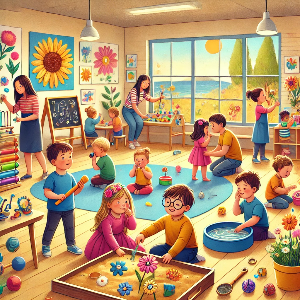 DALL·E-2024-12-07-11.12.53-A-vibrant-and-engaging-illustration-focused-on-sensory-stimulation-in-early-childhood-education.-The-scene-depicts-children-in-a-bright-colorful-clas Estímulos Sensoriais