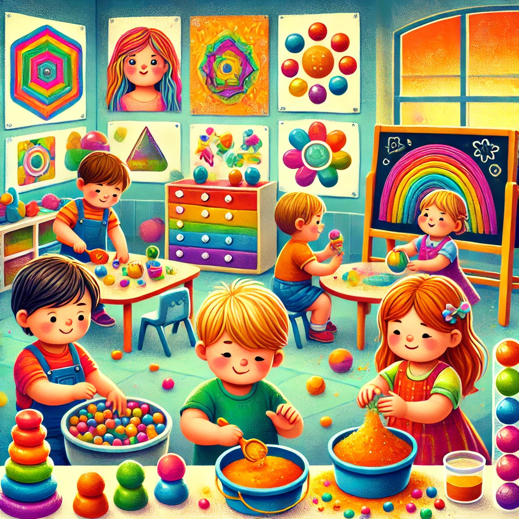 DALL·E-2024-12-07-12.01.59-An-engaging-and-colorful-illustration-showcasing-sensory-stimulation-activities-for-children-in-early-education.-The-image-features-a-group-of-young-c Estímulos Sensoriais