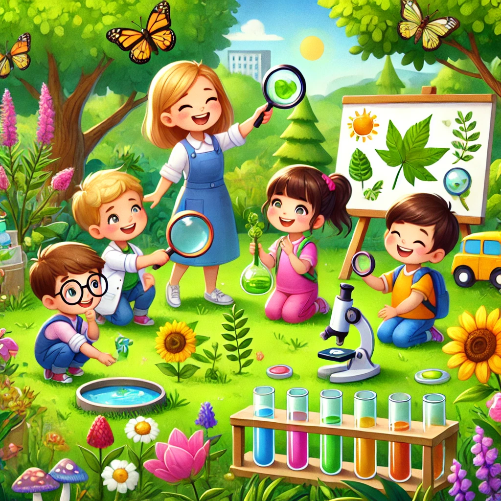 DALL·E-2024-12-08-18.20.01-A-vibrant-and-educational-illustration-showcasing-early-childhood-science-activities.-The-image-features-children-exploring-nature-observing-plants- Áreas de Conhecimento