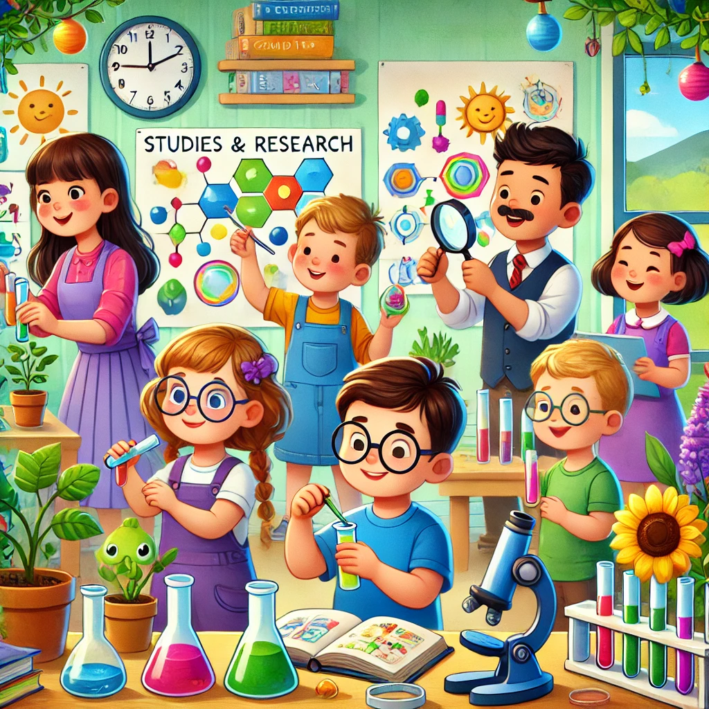 DALL·E-2024-12-09-07.52.30-A-vibrant-and-engaging-cartoon-style-illustration-focused-on-Studies-and-Research-in-early-childhood-education.-The-scene-shows-young-children-and-t Estudos e Pesquisas
