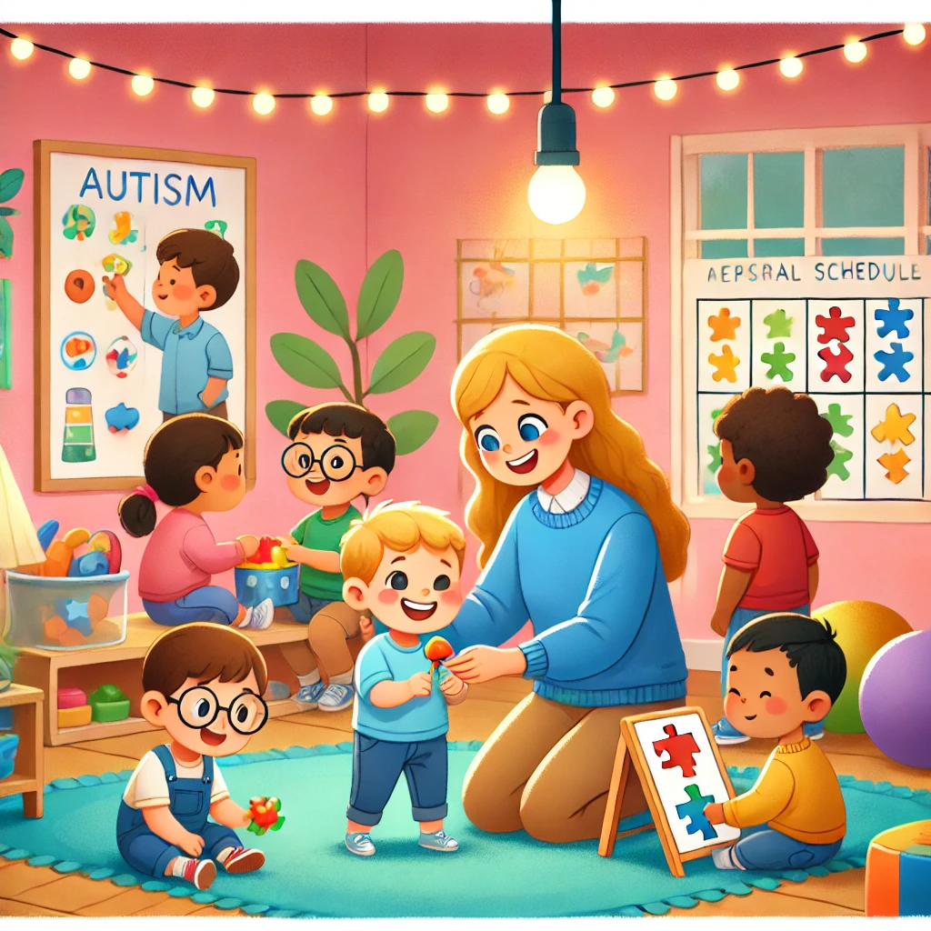 DALL·E-2024-12-10-17.15.31-A-heartwarming-and-inclusive-cartoon-style-illustration-representing-autism-in-early-childhood-education.-The-scene-shows-a-diverse-group-of-children- Autismo na Educação Infantil: Tendências e Abordagens Humanizadas