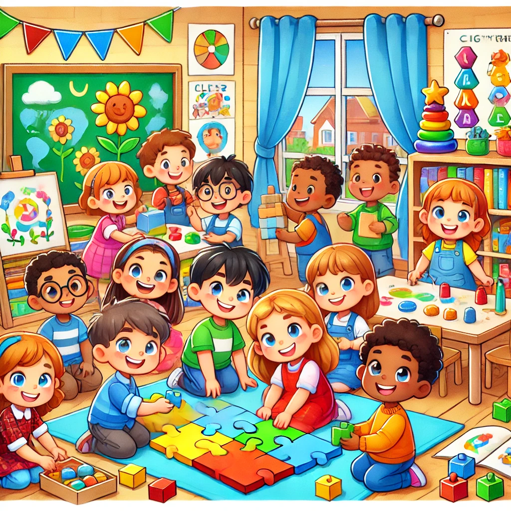DALL·E-2024-12-10-17.19.42-A-cheerful-cartoon-style-illustration-showing-children-in-a-preschool-classroom-engaging-in-teamwork-activities.-The-children-diverse-in-appearance Autismo na Educação Infantil: Tendências e Abordagens Humanizadas