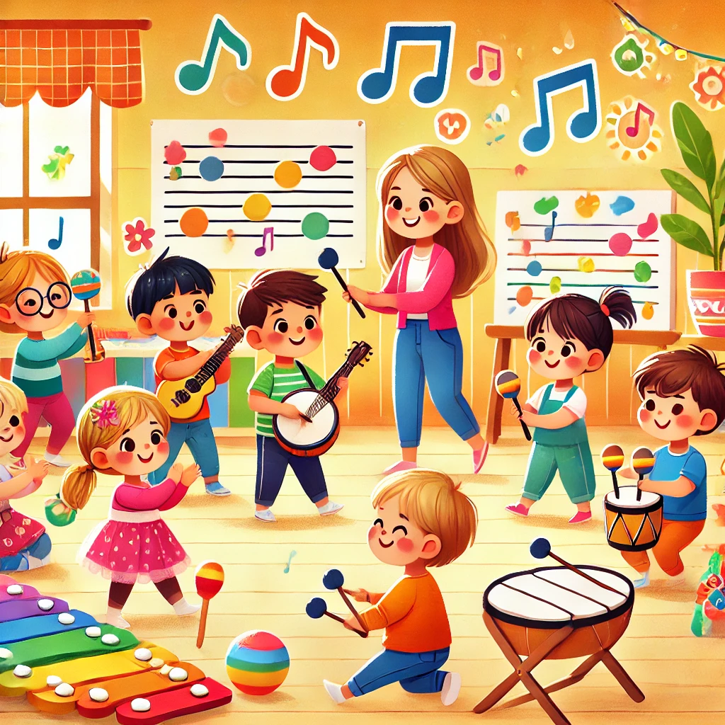 DALL·E-2024-12-15-12.05.44-A-cheerful-and-colorful-illustration-showcasing-children-in-an-early-childhood-education-setting-engaging-in-music-and-rhythm-activities.-The-children Música e Ritmos