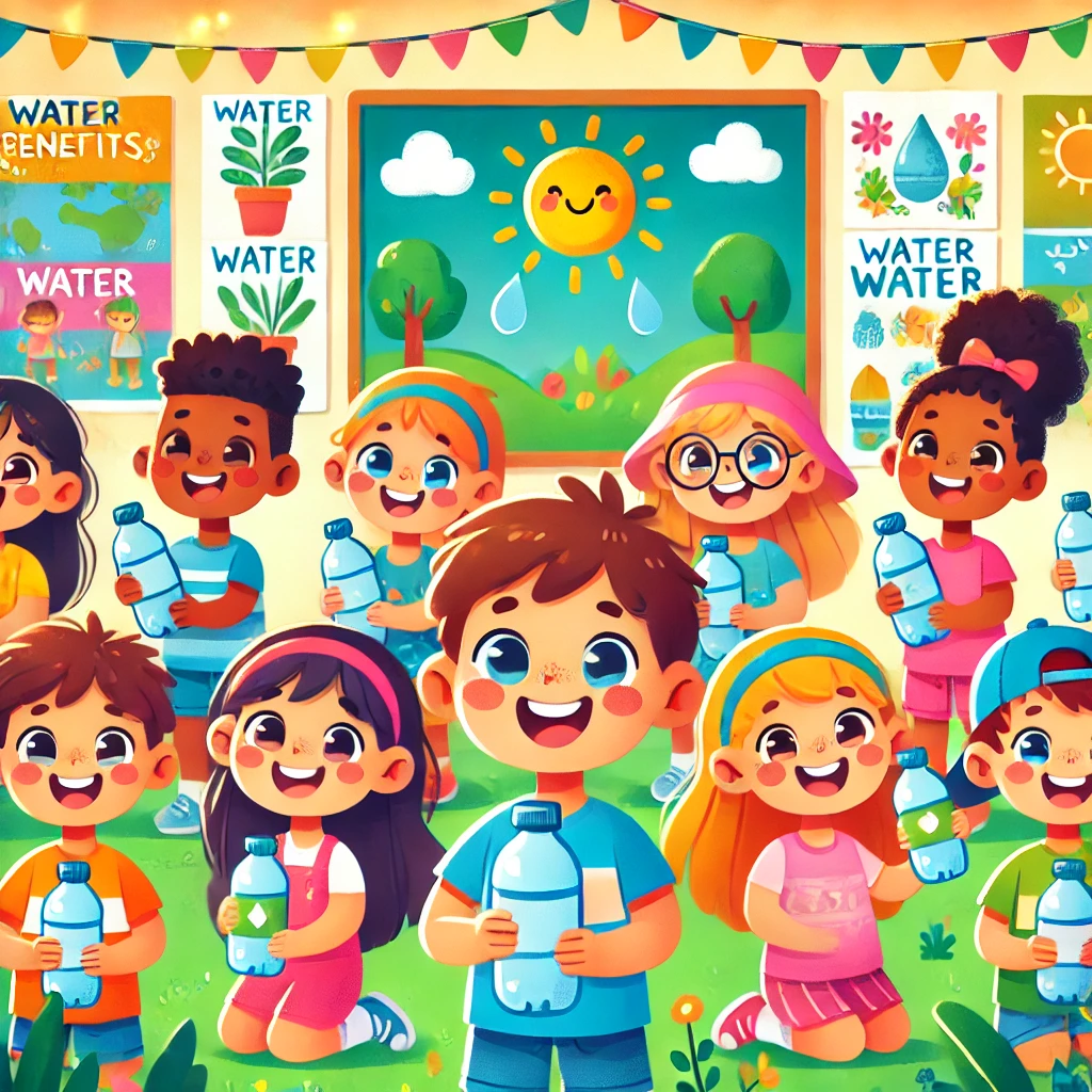 DALL·E-2024-12-15-21.23.51-A-vibrant-and-cheerful-illustration-promoting-the-theme-of-drinking-water-regularly-for-children-in-early-education.-The-image-shows-a-group-of-happy- 10 Hábitos Saudáveis Sobre Higiene e Alimentação na Educação Infantil