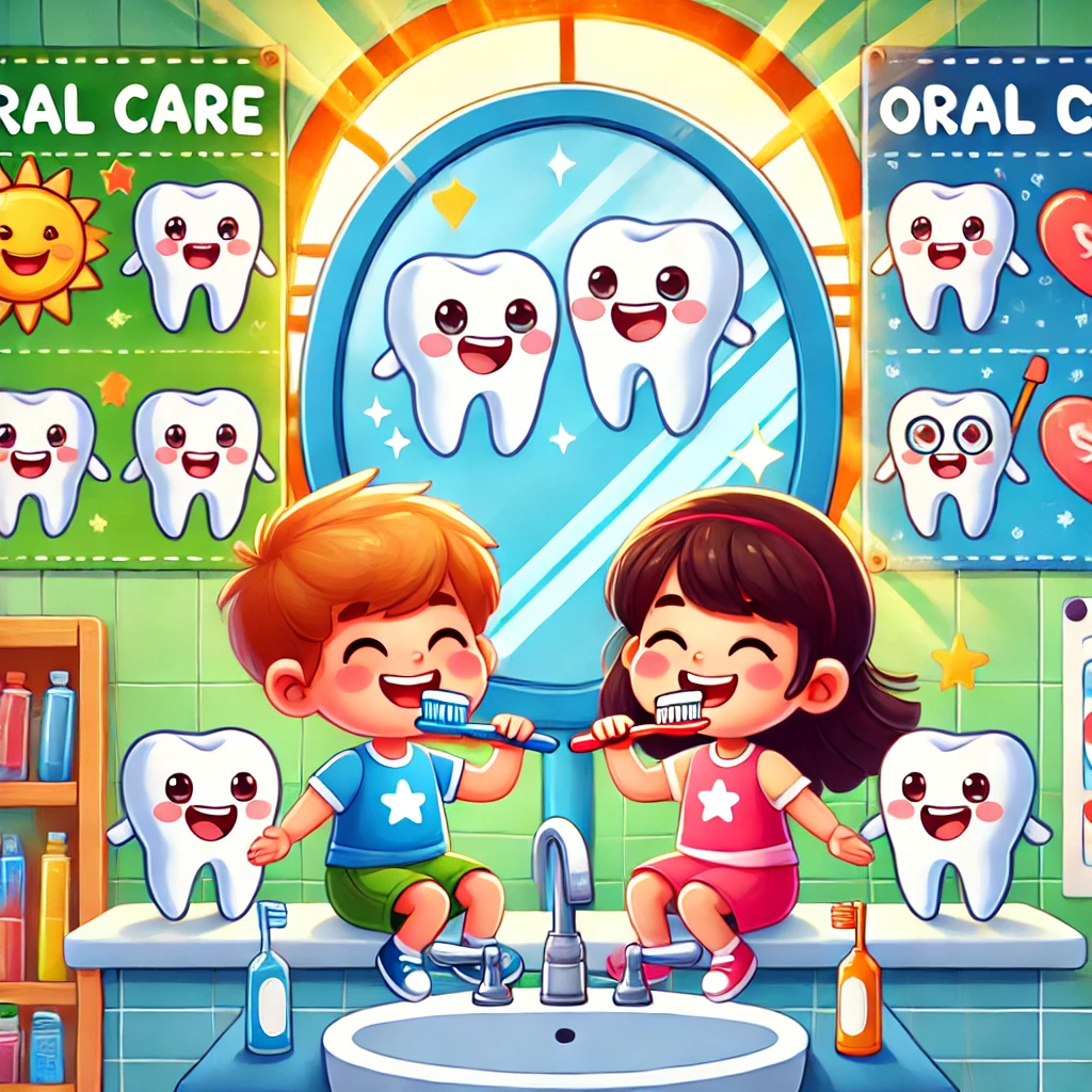 DALL·E-2024-12-15-21.27.56-A-colorful-and-cheerful-illustration-promoting-dental-hygiene-in-early-childhood-education.-The-image-features-young-children-happily-brushing-their-t 10 Hábitos Saudáveis Sobre Higiene e Alimentação na Educação Infantil