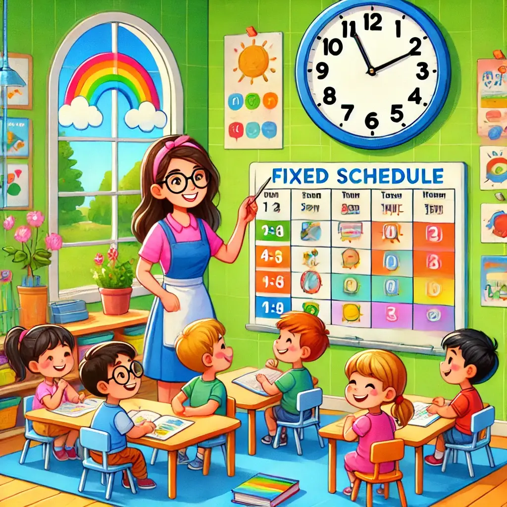 DALL·E-2024-12-18-18.20.23-A-colorful-and-engaging-illustration-depicting-young-children-in-a-classroom-setting-with-fixed-schedules.-A-large-wall-clock-hangs-on-the-wall-and-a Como criar uma rotina de estudos eficiente para crianças.