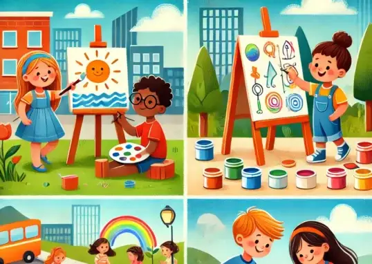 Uma ilustração colorida e vibrante destacando cinco atividades criativas e envolventes para crianças na educação infantil.