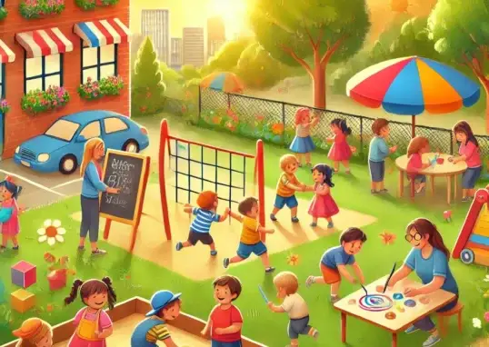 Uma ilustração vibrante e acolhedora que destaca a importância do brincar na educação infantil.