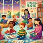 Uma ilustração vibrante e envolvente abordando "Estimulando a Leitura" na educação infantil foi criada, retratando um ambiente acolhedor e convidativo com crianças imersas em livros e atividades de leitura interativas.