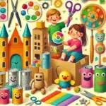 Uma ilustração colorida e convidativa que apresenta brinquedos caseiros e materiais educativos para a educação infantil. A cena inclui itens como um castelo de papelão, fantoches de meia e ferramentas criativas de artesanato, em um ambiente lúdico e envolvente.
