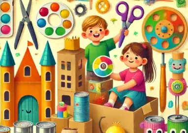 Uma ilustração colorida e convidativa que apresenta brinquedos caseiros e materiais educativos para a educação infantil. A cena inclui itens como um castelo de papelão, fantoches de meia e ferramentas criativas de artesanato, em um ambiente lúdico e envolvente.