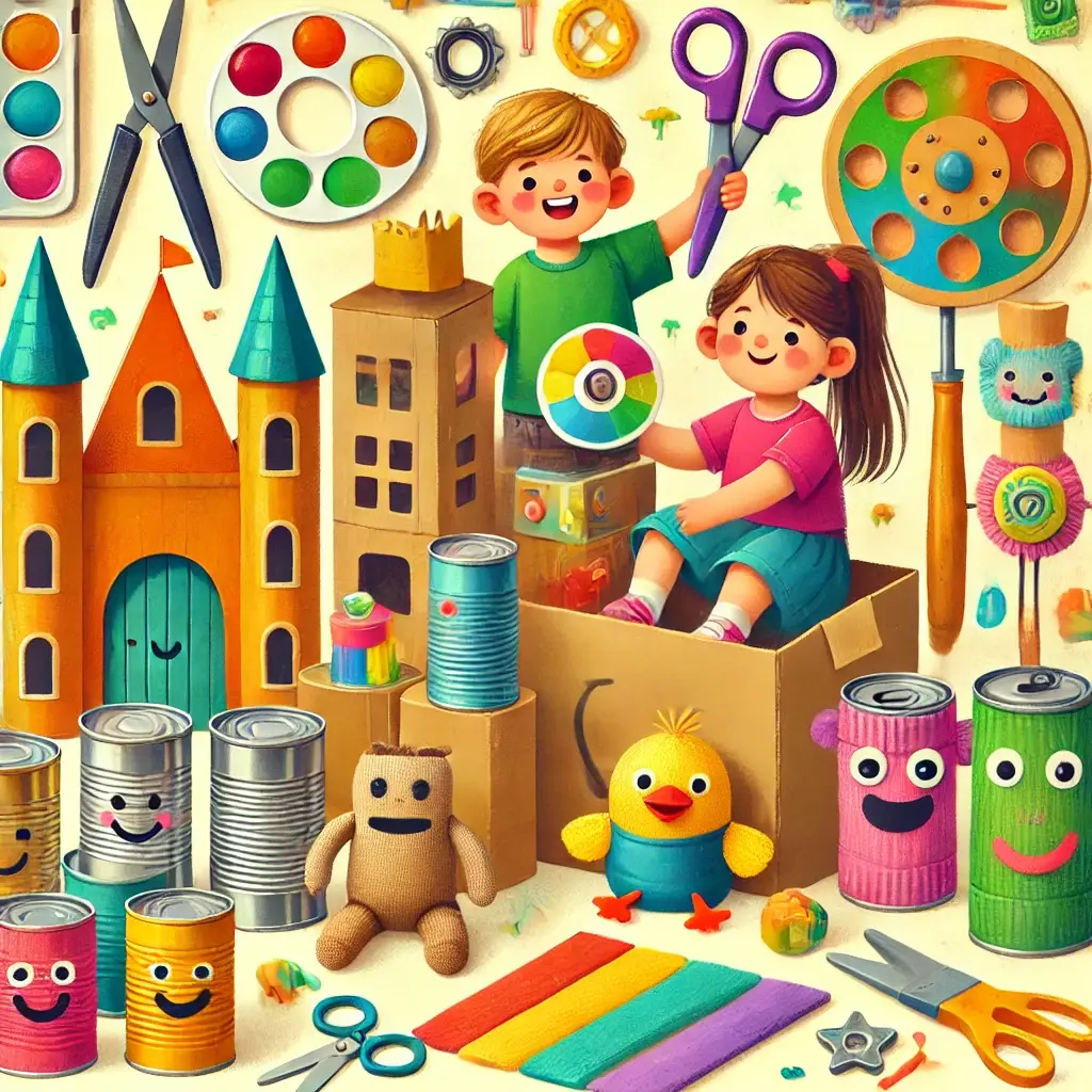 Uma ilustração colorida e convidativa que apresenta brinquedos caseiros e materiais educativos para a educação infantil. A cena inclui itens como um castelo de papelão, fantoches de meia e ferramentas criativas de artesanato, em um ambiente lúdico e envolvente.