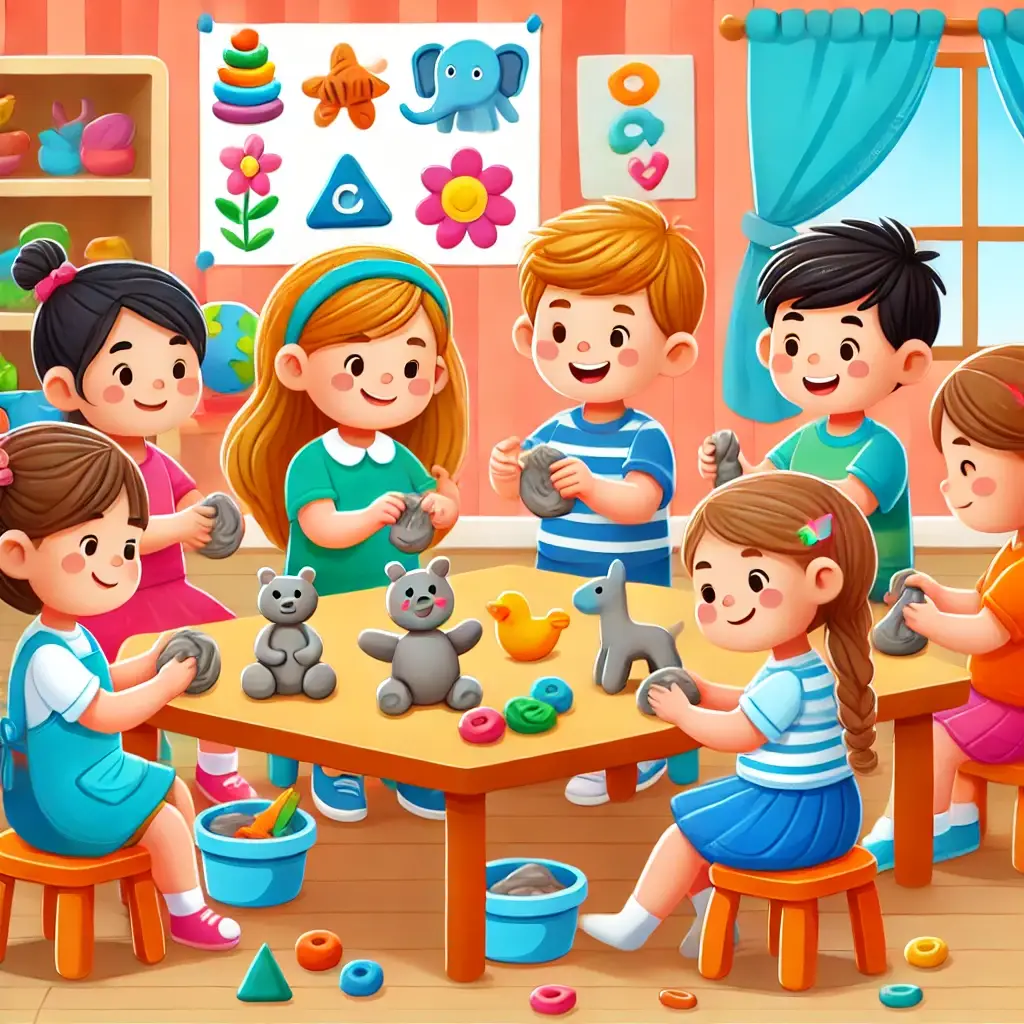 DALL·E-2024-12-21-12.37.48-A-colorful-and-engaging-illustration-of-young-children-in-an-early-childhood-education-setting-creating-sculptures-with-modeling-clay.-The-children-ar 05 Atividades Artísticas Para Explorar Criatividade e Coordenação Motora