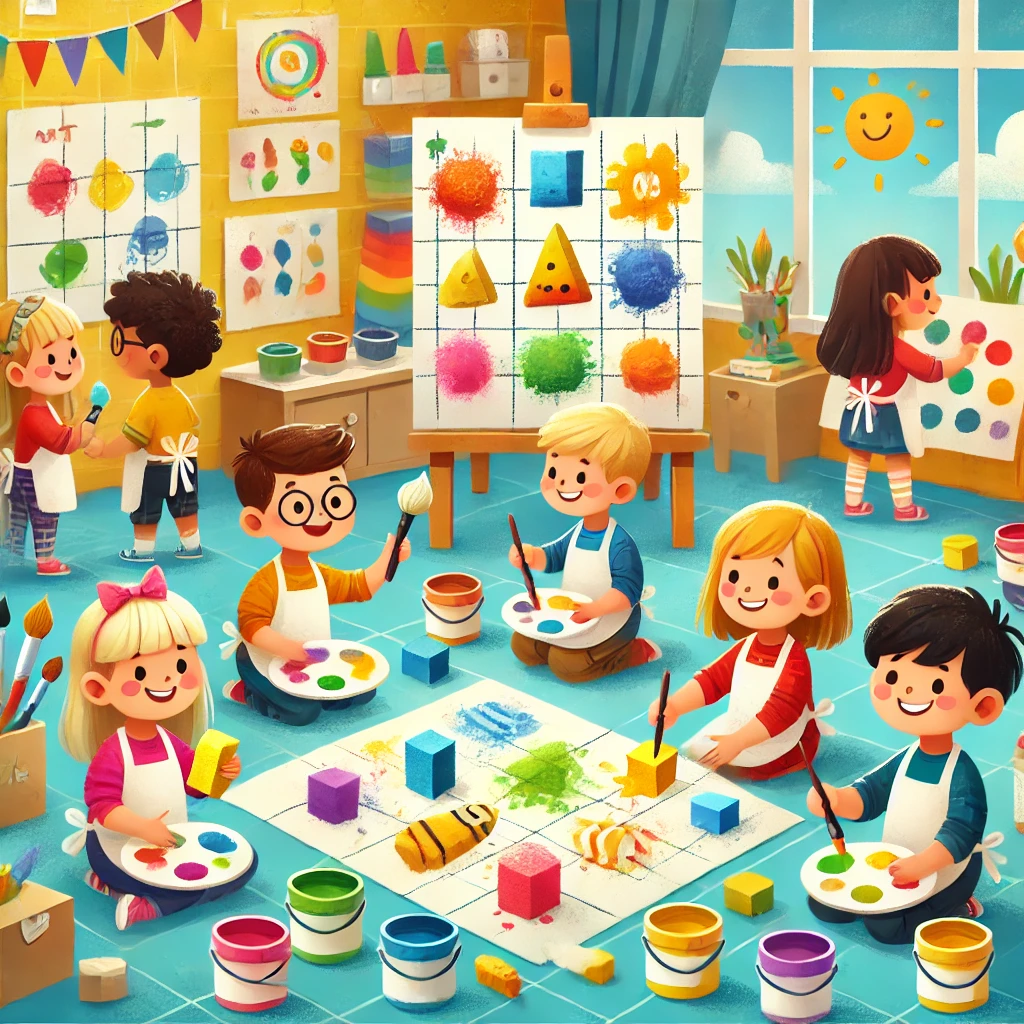 DALL·E-2024-12-21-12.42.07-A-colorful-and-engaging-illustration-of-young-children-in-an-early-childhood-education-setting-painting-with-sponges-of-different-shapes-and-sizes.-T 05 Atividades Artísticas Para Explorar Criatividade e Coordenação Motora
