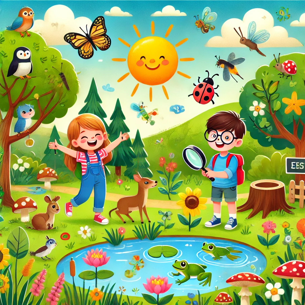 DALL·E-2024-12-22-10.34.45-A-vibrant-and-engaging-illustration-designed-for-young-children-focusing-on-Natural-Sciences.-The-scene-includes-happy-children-exploring-nature-in-a Ciências Naturais