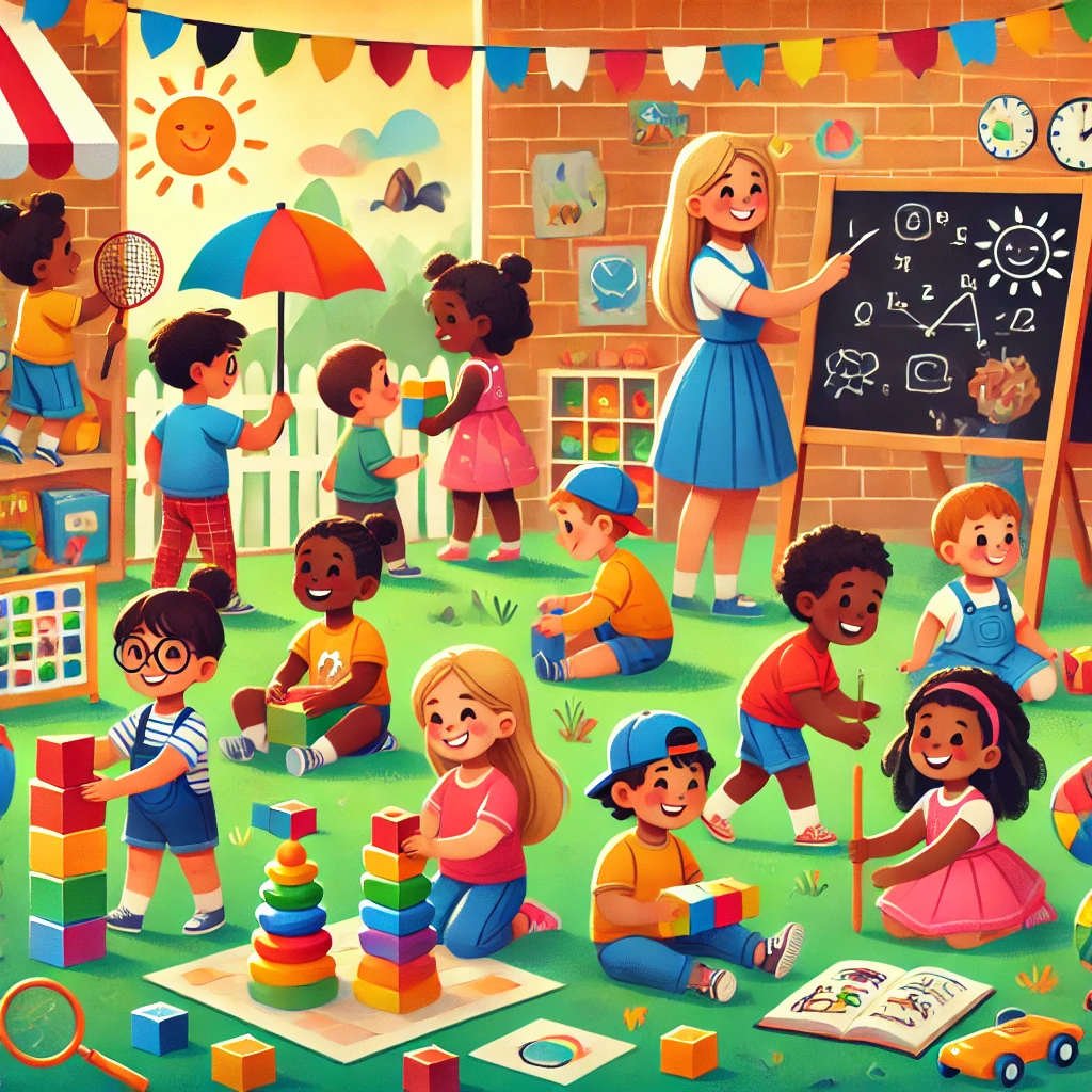 DALL·E-2024-12-22-21.08.17-A-vibrant-and-playful-illustration-depicting-various-games-and-activities-for-early-childhood-education.-The-scene-includes-children-of-different-ethn Jogos e Brincadeiras