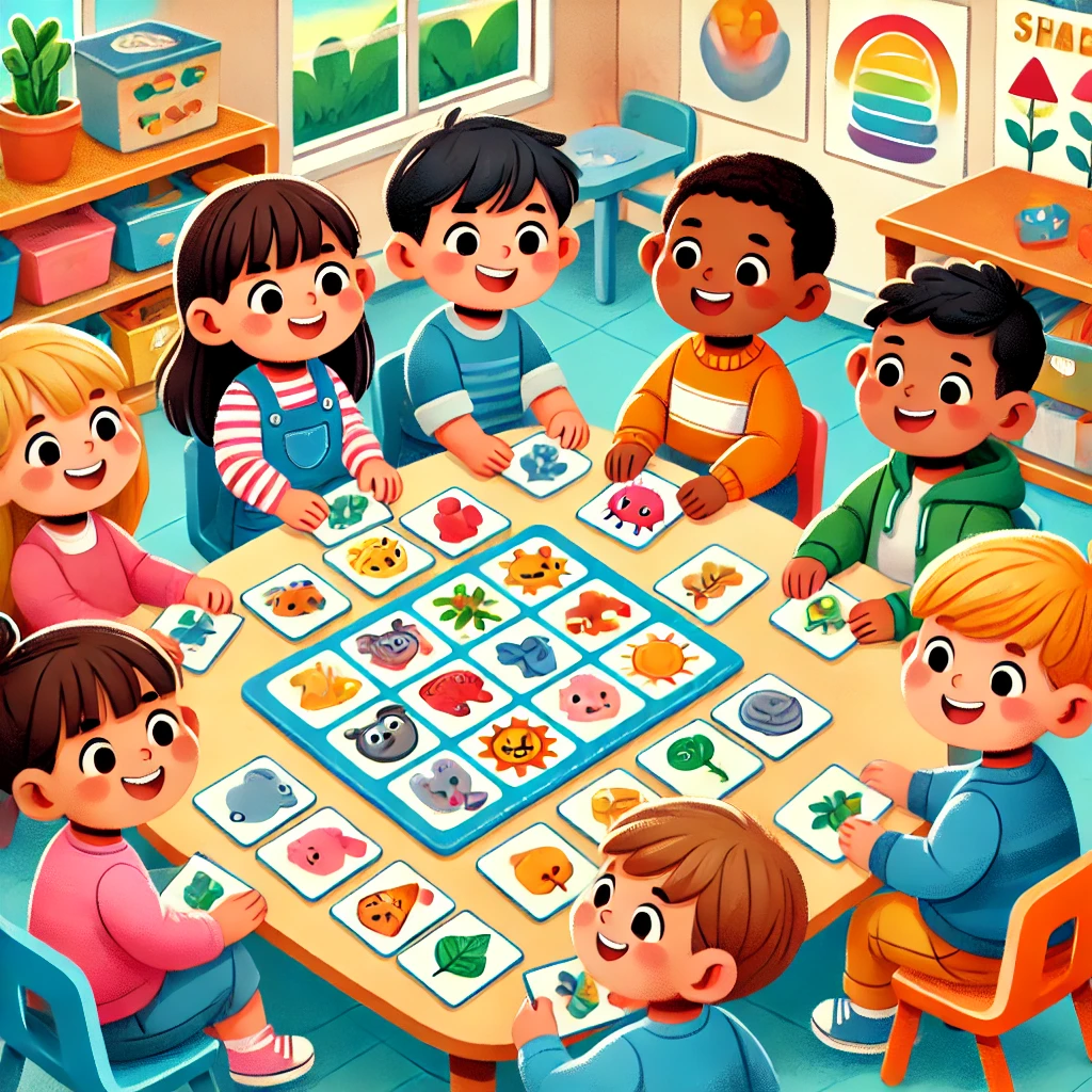 DALL·E-2024-12-22-21.11.59-An-engaging-and-colorful-illustration-of-children-playing-a-memory-game-in-an-early-childhood-education-setting.-The-scene-shows-a-group-of-young-chil Jogos e Brincadeiras