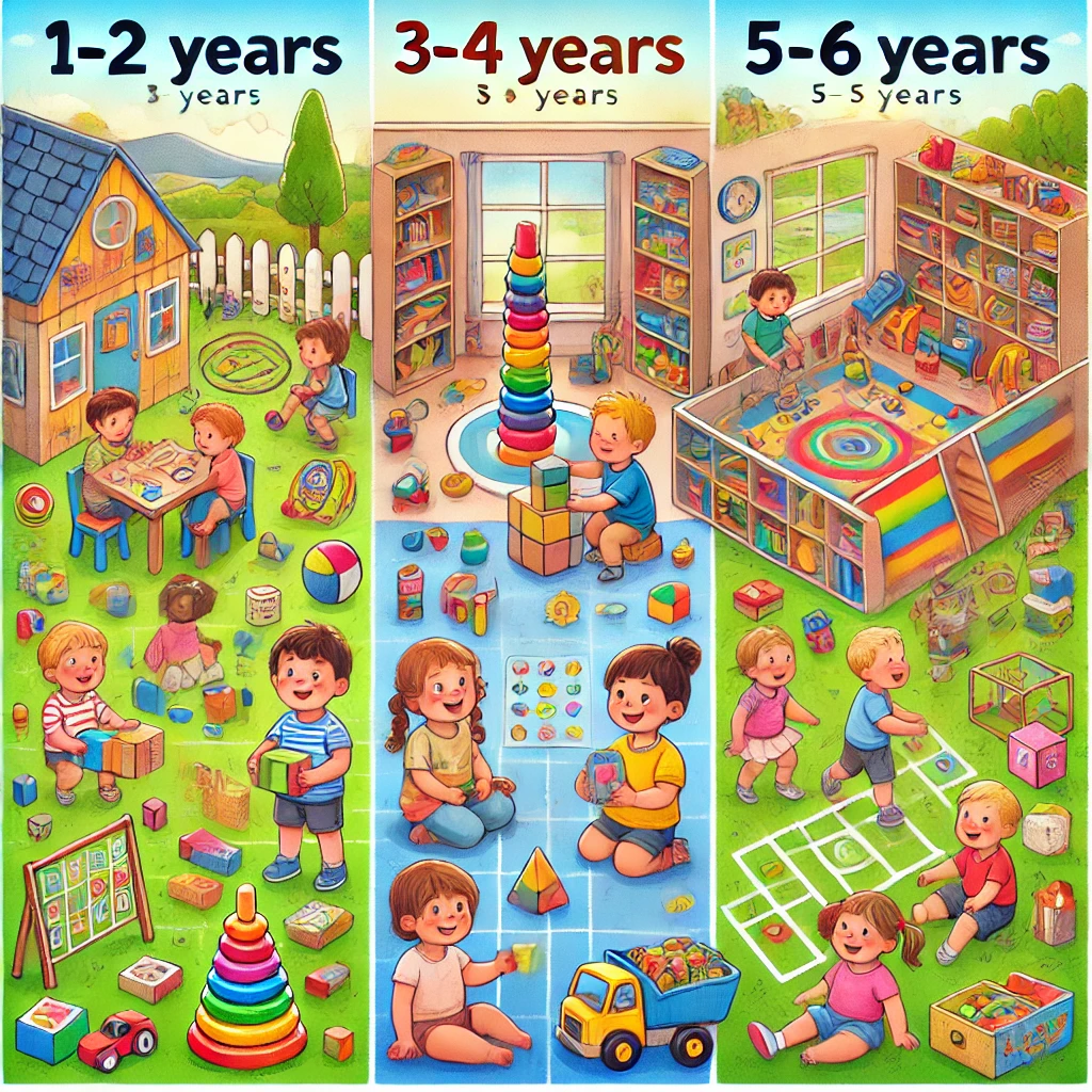 DALL·E-2024-12-22-21.14.01-A-detailed-and-vibrant-illustration-showcasing-age-appropriate-games-for-young-children-in-early-childhood-education.-The-scene-is-divided-into-sectio Jogos e Brincadeiras