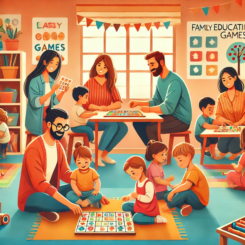 DALL·E-2024-12-22-21.16.03-A-warm-and-engaging-illustration-depicting-families-participating-in-educational-games-with-their-children-in-an-early-childhood-setting.-The-scene-sh Jogos e Brincadeiras
