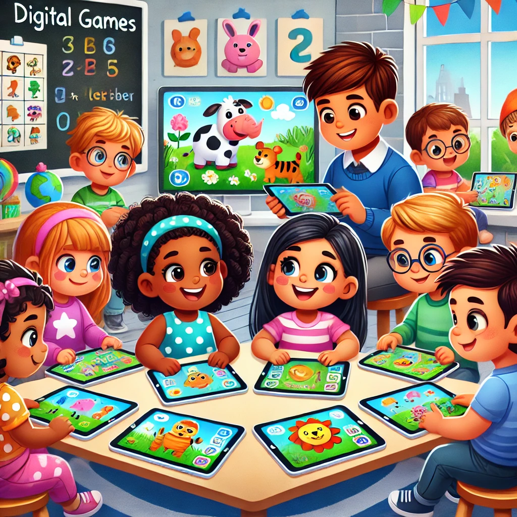 DALL·E-2024-12-22-21.17.49-A-vibrant-and-child-friendly-illustration-showing-the-introduction-of-digital-games-in-early-childhood-education.-The-scene-depicts-a-group-of-young-c Jogos e Brincadeiras