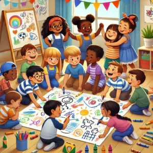 DALL·E-2024-12-22-21.55.35-An-illustration-of-a-group-of-young-children-participating-in-a-collective-drawing-activity-in-an-early-childhood-education-setting.-The-scene-feature-300x300 Atividades e Recursos